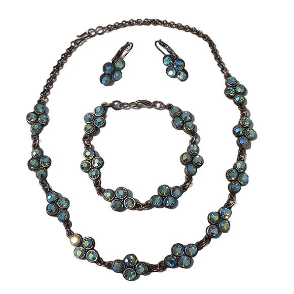 Vintage AB Rhinestone Jewelry Set - Necklace Bracelet & Earrings Estate